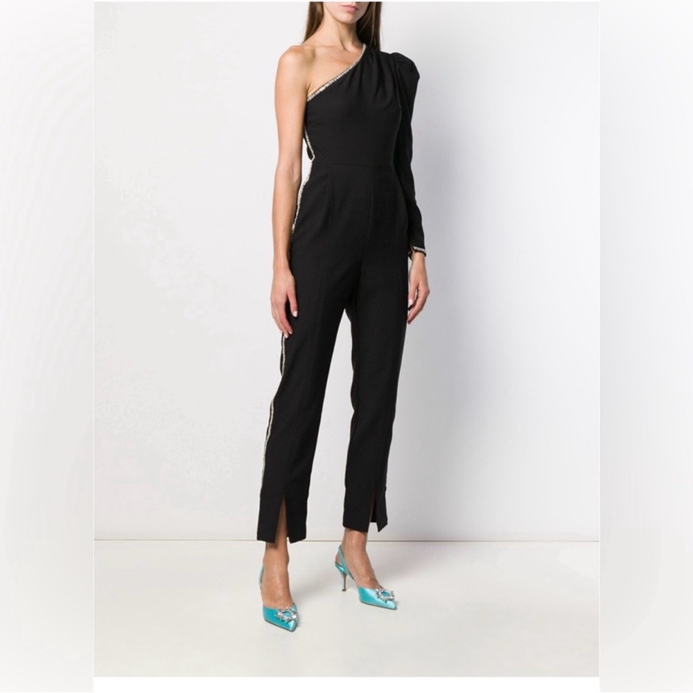Self-Portrait One-Shoulder Black Jumpsuit with Crystal Trim size 4